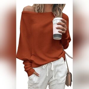 Zenlanr Women's Rust Off The Shoulder Batwing Ribbed Sweater XL Perfect Conditio